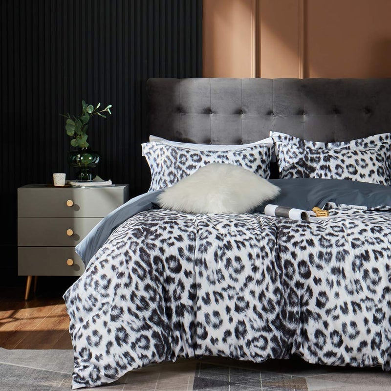 MILDLY 100% Long Staple Cotton Duvet Cover Set Leopard Print Designed Pattern Comforter Cover Set White & Black Cheetah Animal - Image 1